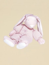 Soft velboa with pastel stripe jersey knit union suit body is perfect for snuggling. Matching stocking cap Embroidered eyes Long fuzzy soft ears 100% polyester fill 22 L Machine wash Imported Recommended for infants and up