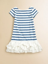 Sweet cascading ruffles adorn the hem of this striped frock for girly flair.BoatneckCap sleevesScoop backDrop-waistRuffled hemCottonMachine washImported