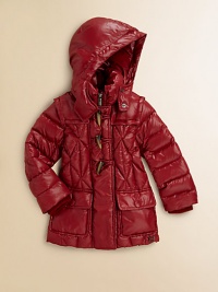 Quilted puffer styling teamed with stylish toggles make an adorable seasonal essential that your little one will love.Snap-off hoodThroat tabs with snapsPuffy stand collarQuilted alloverConcealed zip front with togglesLong sleeves with rib-knit cuffsDual snap flap pocketsLogo detail near the hemFully linedShell: polyamideFill: goose downDry cleanImported