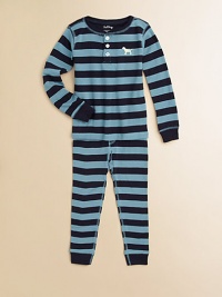 Smart and sporty rugby stripes make cozy bedtime companions in soft cotton knit with contrast stitching.Henley necklineButton placketDog chest appliquéLong sleeves with contrast ribbed cuffsElastic-waist bottoms with contrast ribbed cuffsCottonMachine washImported