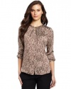 Jones New York Women's Pleated Round Neck Blouse, Multi, 12