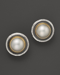 Cultured freshwater pearls are framed in sterling silver & 24K gold settings with an ornate, organic feel. From Gurhan.