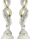 S&G Sterling Silver and 14k Yellow Gold Freshwater Cultured Pearl and Diamond Drop Earrings (0.06 cttw, I-J Color, I3 Clarity)