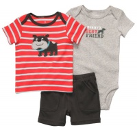 Carters Boys Newborn-12 Months 3 Piece Striped Bulldog Shorts Set (12 Months, Grey/Red)