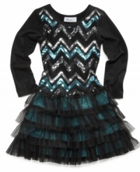 A pretty pairing of sparkly sequins and frilly tulle. She'll look spectacular in her Bonnie Jean party-ready ensemble.