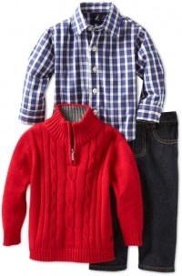 Nautica Sportswear Kids Baby-Boys Infant 3 Piece 1/4 Zip Long Sleeve Woven Shirt And Denim Pant Sweater Set, Cherry, 24 Months