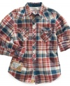 He'll rock the rugged look in this handsome plaid shirt from Guess.