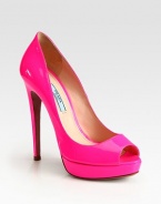 Fluorescent patent leather peep-toe style with a platform. Self-covered heel, 5 (125mm)Covered platform, 1 (25mm)Compares to a 4 heel (100mm)Patent leather upperLeather lining and solePadded insoleMade in ItalyOUR FIT MODEL RECOMMENDS ordering one size up as this style runs small. 