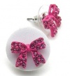 Adorable Pretty Princess Small 1/2 Bow Stud Earrings with Sparkling Dark Pink/Fuchsia Austrian Crystals - Silver Plated