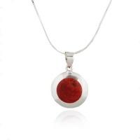 925 Sterling Silver Red Bamboo Coral Inlay Round Pendant Necklace 18''