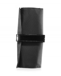 This Travel MAC small brush roll features ten brush pockets and one zipper pouch. Durable, easy-to-clean black nylon with a silky interior and black faux patent straps.