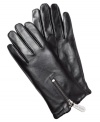 Zip up your winter accessorizing with these butter-soft leather gloves from MICHAEL Michael Kors that feature logo-embossed zipper pulls for eye-catching appeal.