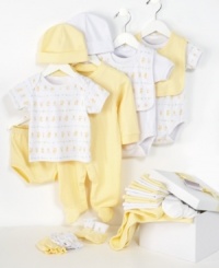 New parents will love this 22-piece starter set that is sure to get the sweet baby off to a cozy start. Set includes: 1 footed coverall; 1 diaper cover with elastic waist; 3 pairs of socks; 2 caps; 1 hooded towel; 2 short-sleeved bodysuits; 2 bibs; 2 pairs of mittens; 1 short sleeved tee; 6 washcloths and 1 pair of booties.