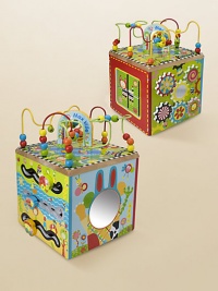 This delightful activity cube on a turning base features a curvy maze, racing rollers, spinning gears, peek-a-boo mirror and spin-and-match pictures.About 12W X 16.5H X 12DSuitable for ages 1 year and upImported