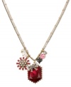 Gorgeous gems from Betsey Johnson. This pendant necklace showcases a fuchsia-colored crystal gem with a glass pearl bow accent. Includes a fuchsia-colored crystal and glass pearl flower, clear and pink faceted beads, hematite tone bubble heart, small glass pearl and small crystal accent. Crafted in antiqued gold tone mixed metal. Approximate length: 16 inches + 3-inch extender. Approximate drop: 1-1/2 inches.