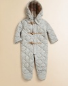 Snuggle-into warmth joins Burberry style in a cozy one-piece of soft, quilted jersey to keep your little one warm from head to toe.Hood with button neck tabStand collarHidden front zipper under toggle-and-rope placketCheck liningCottonMachine washImportedAdditional InformationKid's Apparel Size Guide 