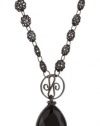 1928 Jewelry Hematite-Color and Onyx Daisy Chain Teardrop Pendant Necklace