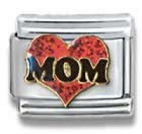 Mom in Red Heart Italian Charm 18k Gold and Glitter Enamel Love Theme by Casa D'Oro