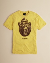 This hip crewneck is tricked out with a fierce, hatted grizzly bear on the chest.