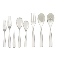 The Anna flatware set is long and lean, with a graceful taper that separates the upper and lower parts of each piece of cutlery. Like a line of ballet dancers, the tines of each fork sweep upwards in comely formations. Flower-shaped cut-outs adorn the larger serving pieces. Ideal for an elegant home, or as an impeccable wedding gift.·