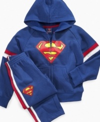 Your little man of steel will love getting cozy in this Warner Brothers Superman hoodie and pants set.