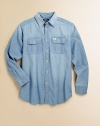 Rugged chambray cotton transforms a traditional button-down silhouette into a handsome workshirt, complete with dual chest pockets for an authentic, rustic feel.Pointed collarLong sleeves with barrel cuffsButton frontButton-flap patch pocketsShirttail hemCottonMachine washImported Please note: Number of buttons may vary depending on size ordered. 