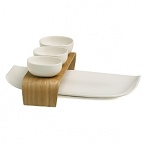 Five piece set includes: one wooden bridge, one- 19.5 serving dish, three - 5 individual bowls.