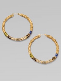 Richly textured hoops set with a stunning spectrum of colored glass stones.GlassBrassDiameter, about 1¾Post backImported