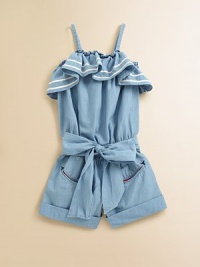 A nautical-inspired, lightweight denim romper features a pretty ruffled neckline, a belted sash at the waist and a cuffed hem.Straight elasticized neckline with ruffled trimSpaghetti strapsPull-on styleSmocked waistFront inseam pocketsBack welt pocketsCuffed hemCottonMachine washImported