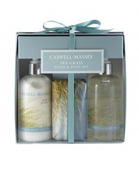 A perfect way to sample this limited edition Sea Grass Collection. Be transported to the seashore with a warm, breezy air of a relaxing summer day. Made from the freshest ingredients including a combination of citrus bouquet, sparkling notes of crisp greens, calming florals and hints of Cedar and Sandalwood. The essence of tranquility. Set includes: 10 oz. Hand and Body Lotion, 10 oz. Hand and Body Wash and 6 oz. individually wrapped Soap.