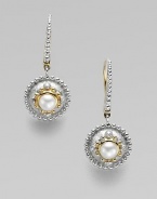 Lustrous pearl, dazzled by diamonds and accented by gold and silver balls.Diamonds, 0.06 tcw White freshwater pearls 18K yellow gold Sterling silver Pierced Imported