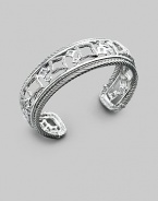 From the Cable and Tapestry Collection. A graceful cuff of sterling silver offers lacy geometric shapes outlined in pavé diamonds with cable trim. Diamonds, 0.62 tcw Sterling silver Cable, 3mm Diameter, about 2¼ Width, about ¾ Made in USA