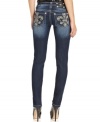 Rhinestone Fleur de Lise embroidered back pockets add eye-catching appeal to these Miss Me skinny jeans -- perfect for daytime glam!