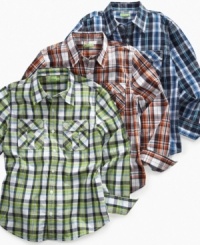 Prep his school style with this cool and comfortable plaid shirt from 82Zero by Greendog.