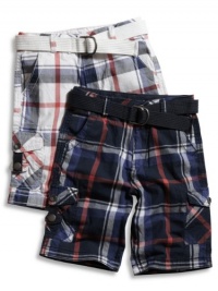 GUESS Kids Boys Big Boy Plaid Cargo Shorts with Belt, WHITE (14)