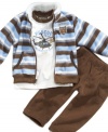 He may be too young to navigate, but this shirt, pant and jacket set from Nannette will keep him comfy and ready to fly when you are.