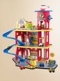 This deluxe wooden set is loaded with fun, interactive features to keep kids entertained for hours. They'll love driving cars and trucks up the winding ramp as they visit the drive-thru, the service station, even a car wash with moving scrubbers!