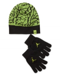 Keep him playing hard all winter long in this hat and gloves set from Jordan.