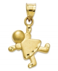 Playful and sweet, this bouncing little girl charm is crafted in 14k gold with a satin finish. Chain not included. Approximate length: 9/10 inch. Approximate width: 3/5 inch.