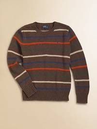 A multi-striped crewneck sweater is perfectly preppy for any season in a flat-knit blend of cotton and wool.CrewneckLong sleevesPullover styleRibbed cuffs and hem80% cotton/20% woolMachine washImported