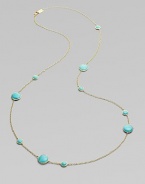 From the Lollipop Collection. Multi-sized, turquoise cabochons, elegantly placed on either side of a radiant, 18k gold chain. Turquoise 18k gold Length around neck, about 37 Diameter, about ¼ - ½ Lobster clasp ImportedPlease note: Due to the characteristics of natural stone, color and pattern may vary slightly. 