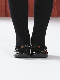 Patent leather ballerina flats with bow, metal interlocking G and attached knit sock.Pull-on stylePatent leather upperKnit liningRubber solePadded insoleImported