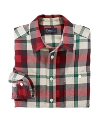 Rendered in warm brushed cotton twill, the classic plaid workshirt is ruggedly handsome.