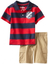 Tommy Hilfiger Boys 2-7 Royce Stripe Polo Cargo Short 2 Piece Set, Tango Red, 2T