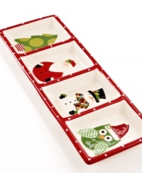 A great combination of practicality and holiday cheer, Certified International's hand-painted relish tray can hold four of your favorite holiday treats.