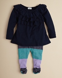 Metallic stripes and generous ruffles weave flash and fun into your little gals everyday wardrobe.