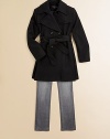 Back pleats freshen up this sophisticated trench-style peacoat, featuring belted waist.Notched lapelButton closureTie waistDual seam pocketsPleated backWool/polyester/viscoseFully linedMachine washImported