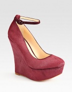 Pony hair pump with suede trim, modernized by an adjustable, contrasting ankle strap. Self-covered wedge, 5 (125mm)Covered platform, 1½ (40mm)Compares to a 3½ heel (90mm)Pony hair and suede upperLeather lining and solePadded insoleImported