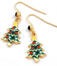 Super Cute 1 Crystal Embellished Dangling Christmas Tree Charm Earrings Accented with Clear and Red Crystals- Gold Plated