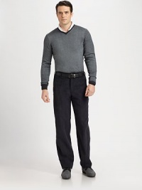 The perfect combination of style and comfort with shoulder patch detail for an unexpected contrast, woven in soft virgin wool.V-neckRibbed knit collar, cuffs and hemWoolDry cleanImported